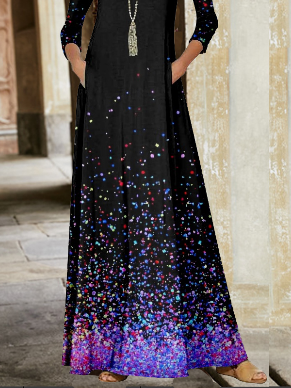 Femmes Ombre Noir Col Rond Confortable Poche Couture Robe Maxi Décontracté