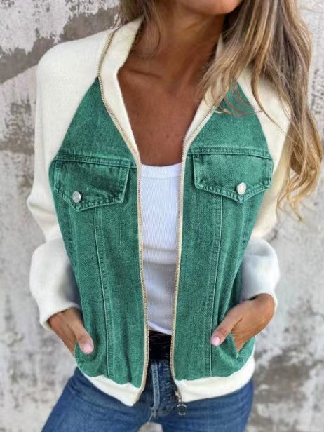 Col Châle Manches Longues Régulier Contrasté Couture Blouson Zip pour Femmes
