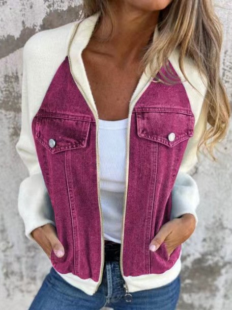 Col Châle Manches Longues Régulier Contrasté Couture Blouson Zip pour Femmes