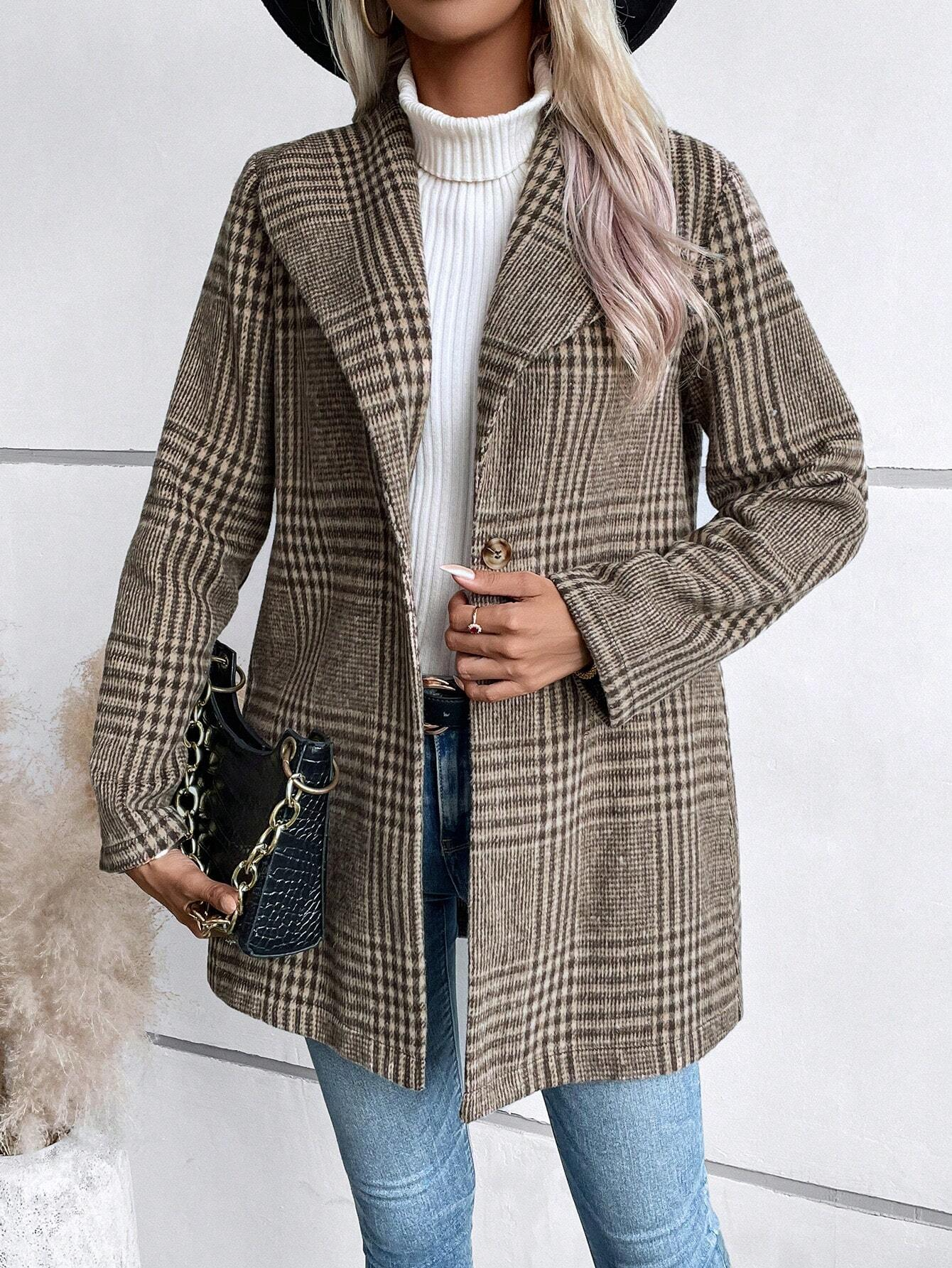 Col Châle Manches Longues Poids lourd Plaid Blouson pour Femmes
