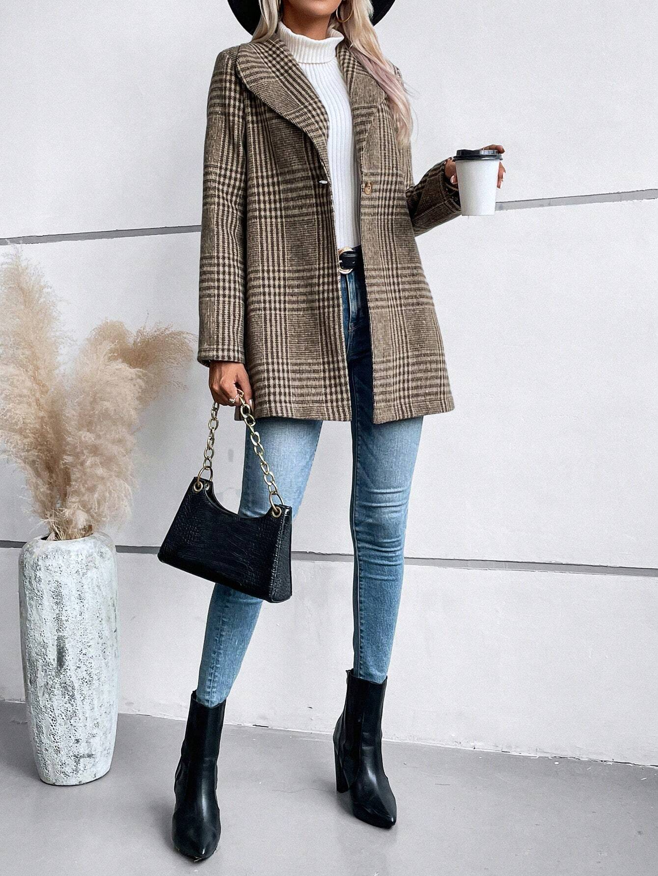 Col Châle Manches Longues Poids lourd Plaid Blouson pour Femmes