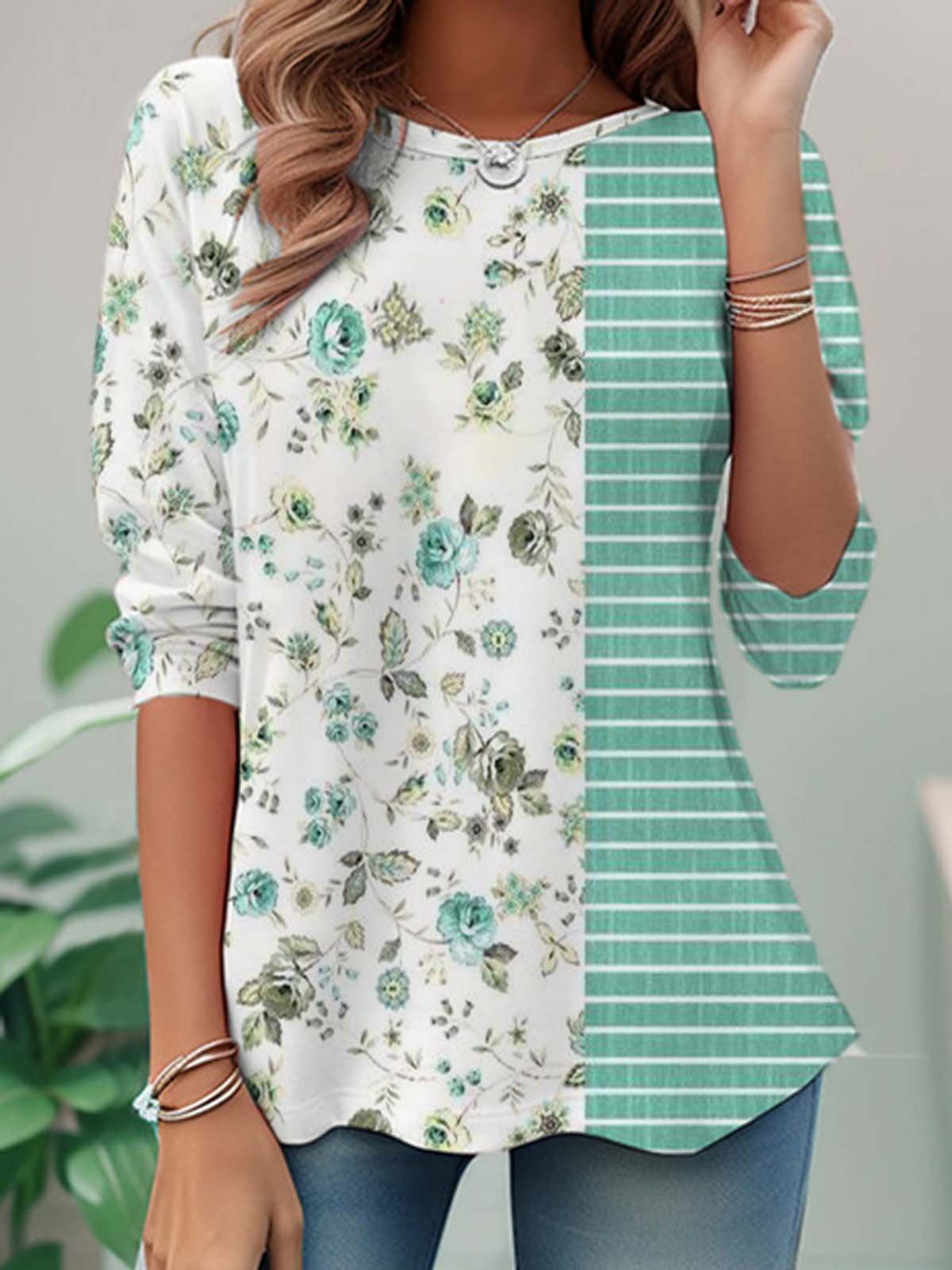 T-shirts Décontracté Floral Printemps / Automne Micro-élasticité Jersey Manches Longues Régulier Régulier Non pour Femmes