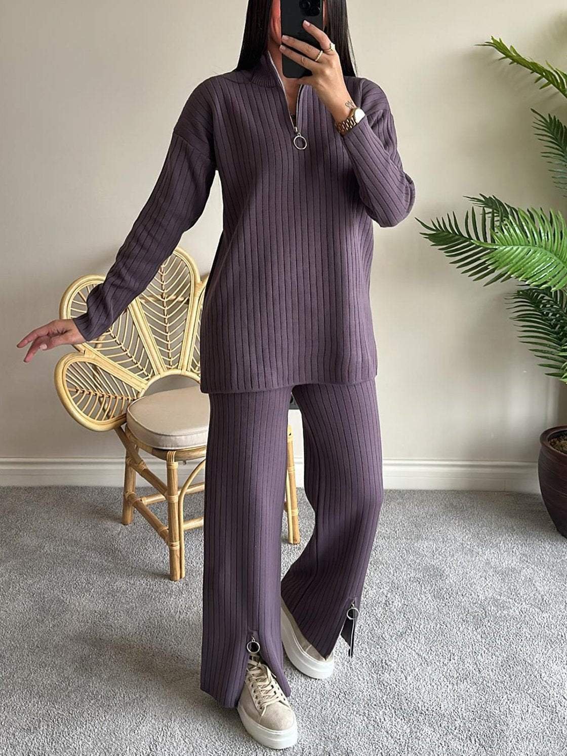 Deux Pièces Ensembles Femmes Décontracté Plain Printemps / Automne Tricoté Naturel Ample Taille Élastique Régulier Élasticité moyenne