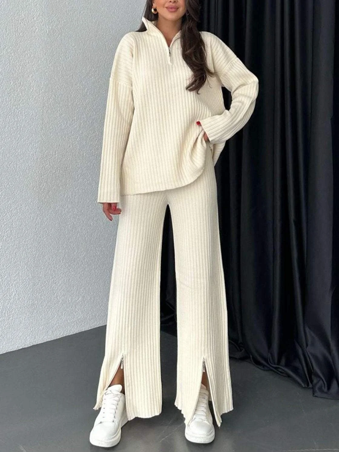Deux Pièces Ensembles Femmes Décontracté Plain Printemps / Automne Tricoté Naturel Ample Taille Élastique Régulier Élasticité moyenne