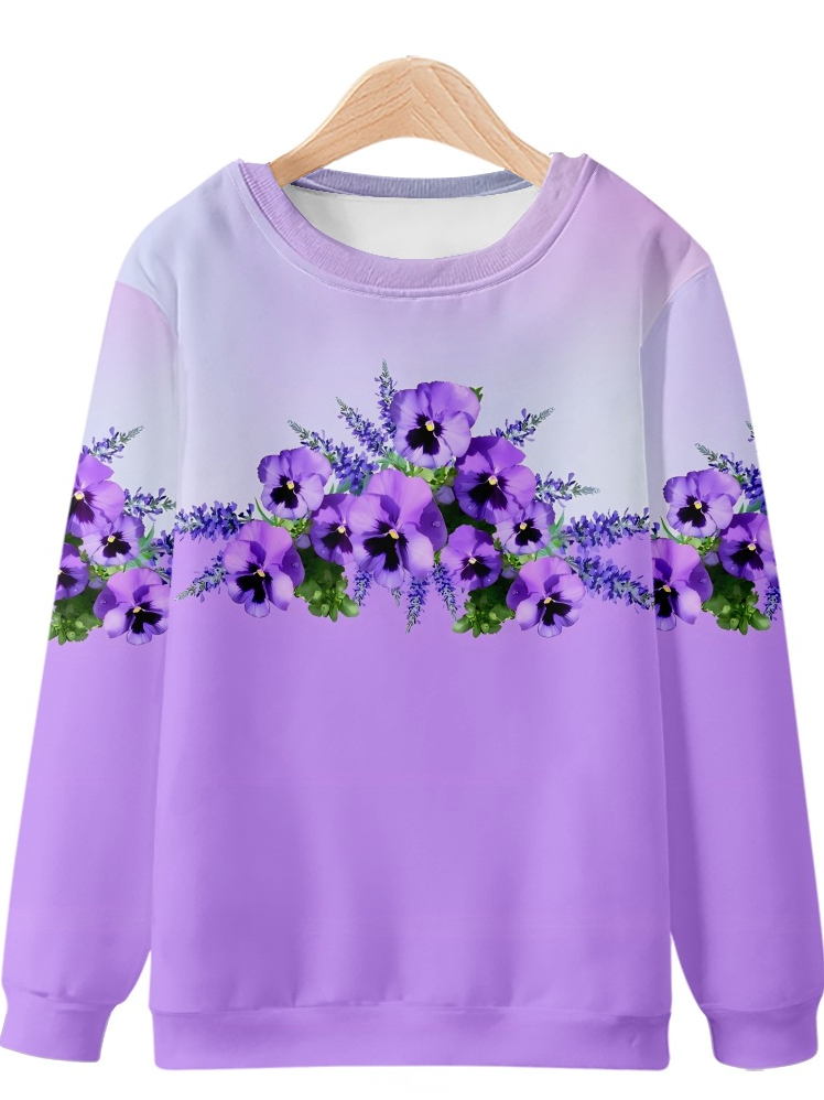 Sweat-shirts Femmes Décontracté Printemps / Automne Violet Floral Polyester Poids lourd Aucune élasticité Manches Longues Col Rond Régulier