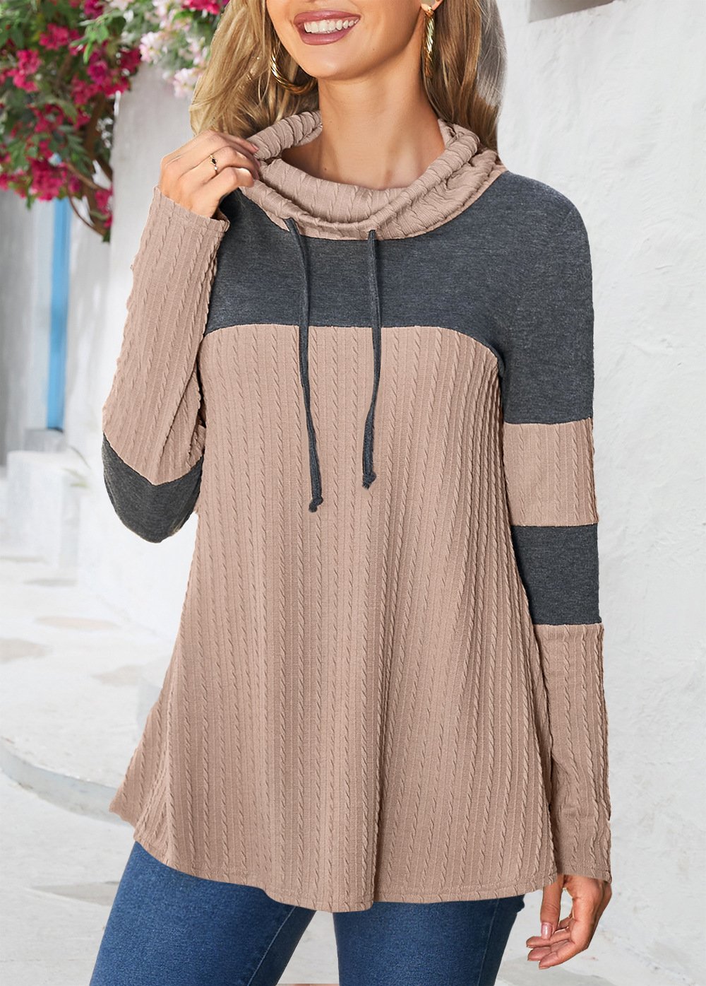Chemisiers1 Femmes Décontracté Bloc de Couleur Printemps / Automne Ample Jersey Col Roulé Régulier Droit Régulier