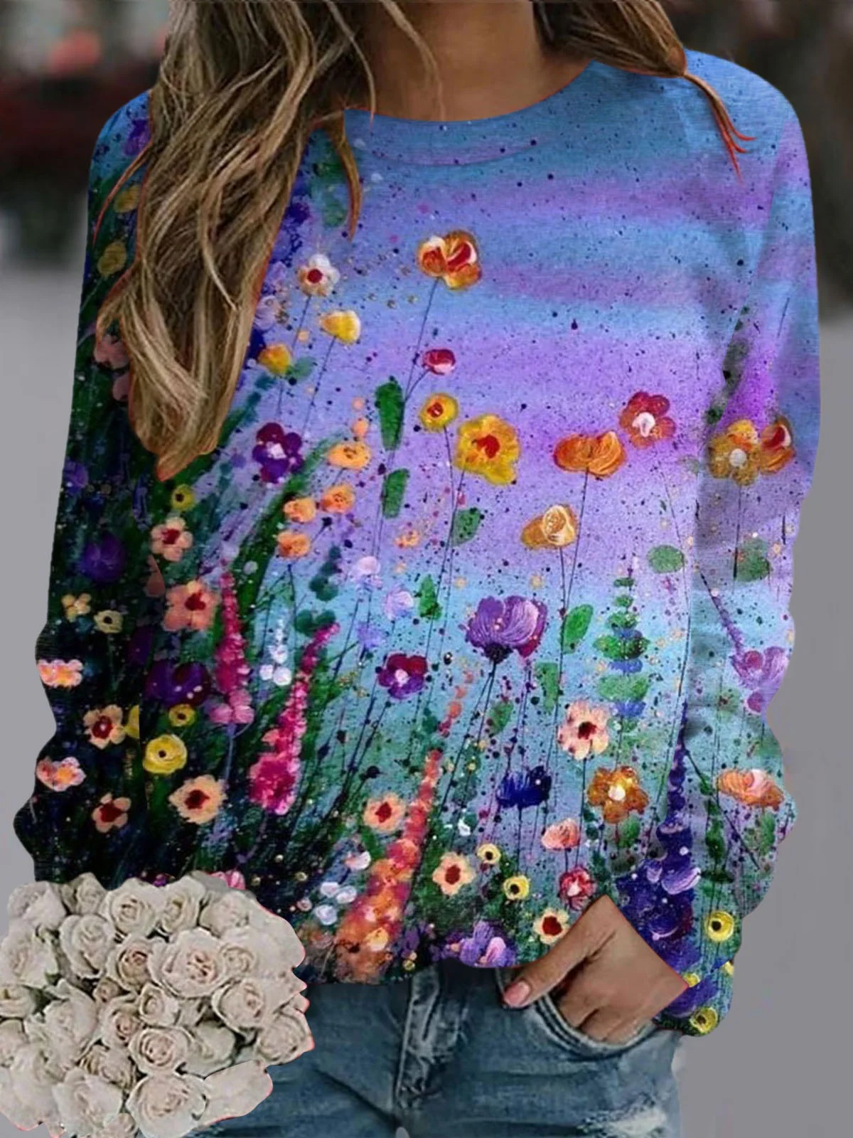 Sweat-shirts Décontracté Floral Printemps / Automne Micro-élasticité Quotidien Manches Longues Régulier Droit Régulier pour Femmes