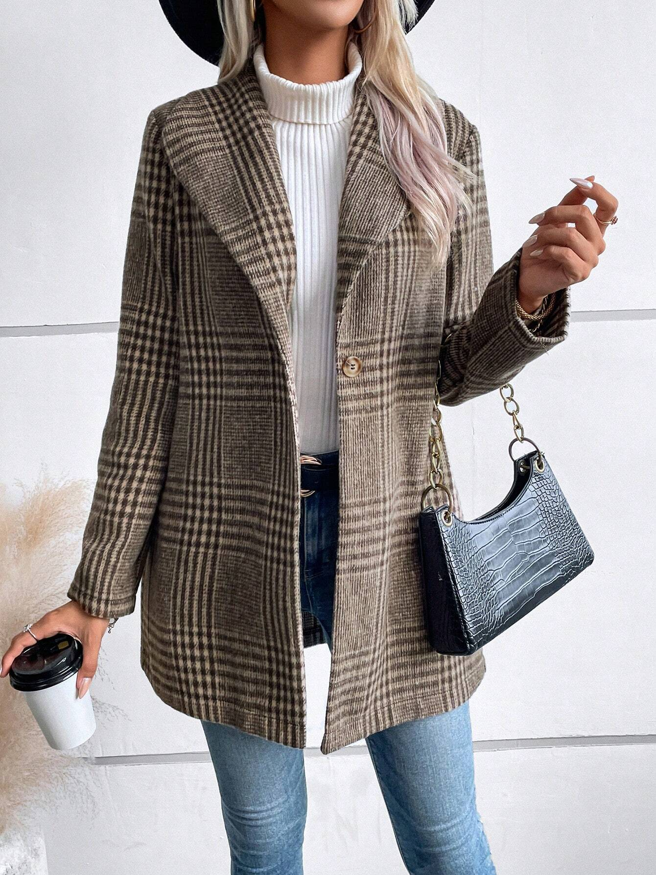 Col Châle Manches Longues Poids lourd Plaid Blouson pour Femmes