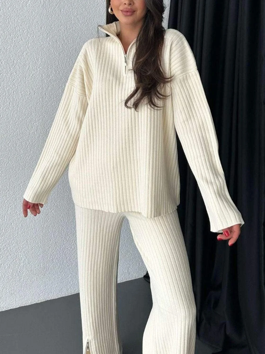 Deux Pièces Ensembles Femmes Décontracté Plain Printemps / Automne Tricoté Naturel Ample Taille Élastique Régulier Élasticité moyenne