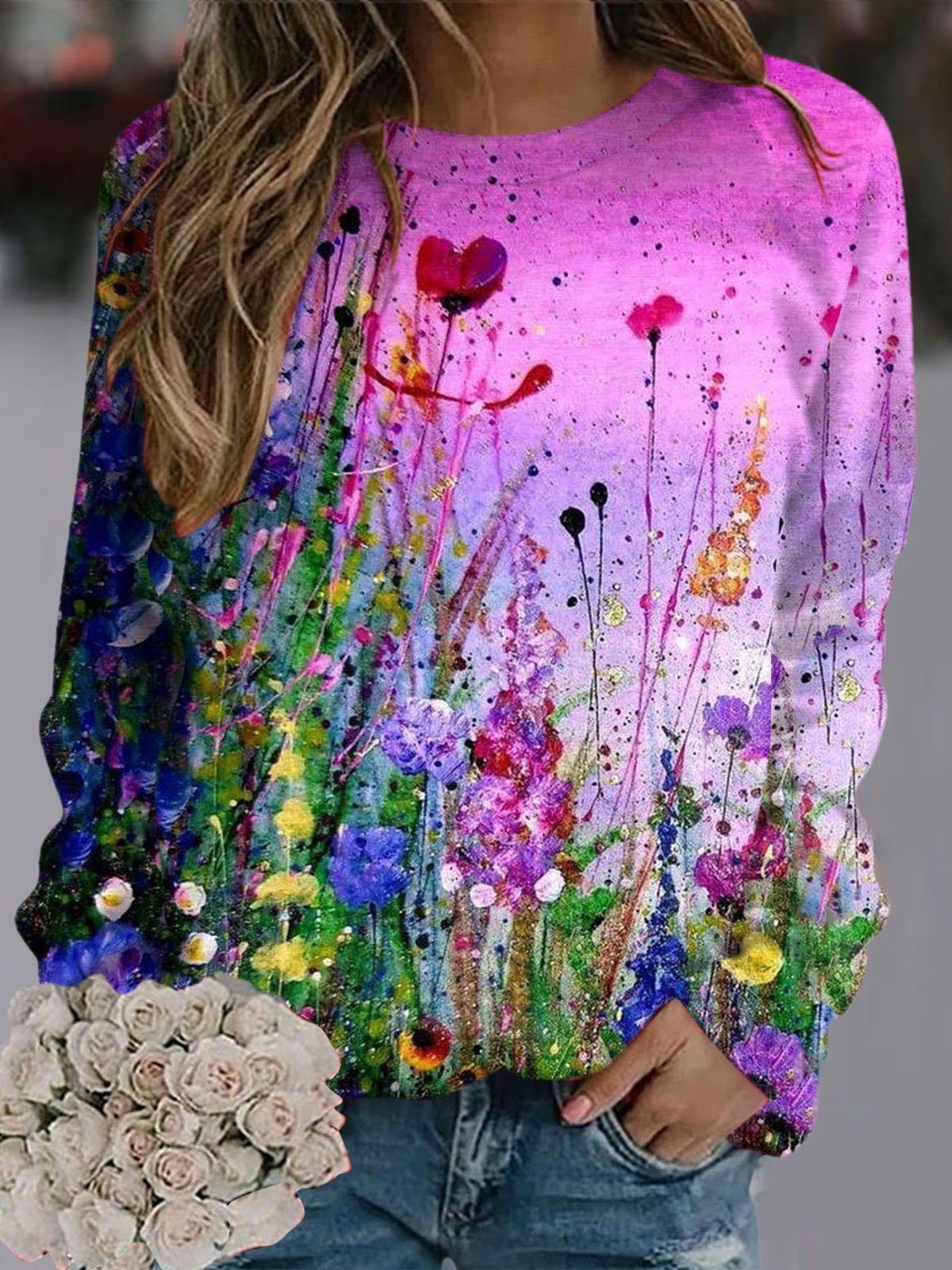 Sweat-shirts Décontracté Floral Printemps / Automne Micro-élasticité Quotidien Manches Longues Régulier Droit Régulier pour Femmes