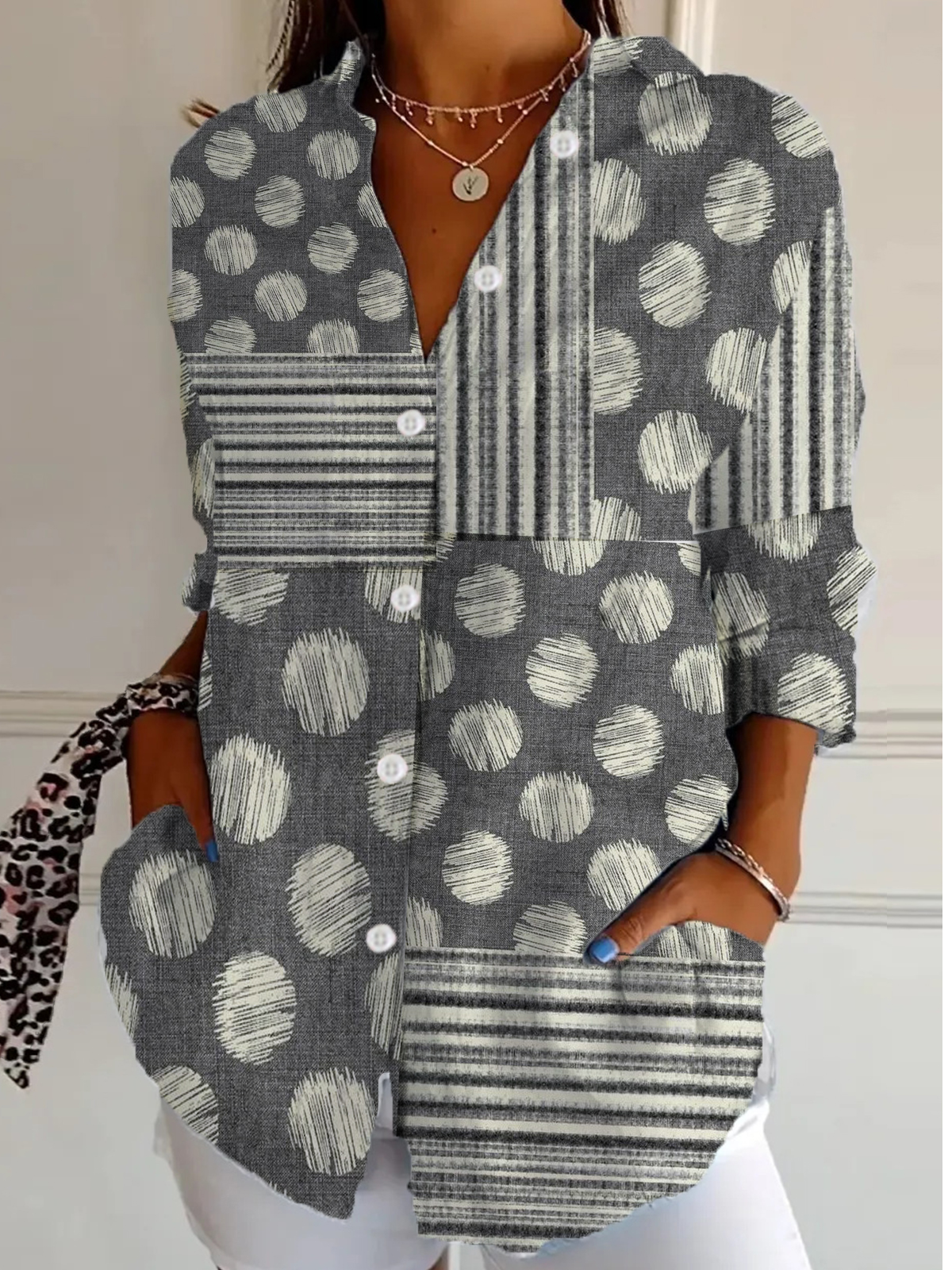 Chemises Rayé Décontracté Printemps / Automne Polyester Aucune élasticité Quotidien Coupe Régulière Manches trois quarts Droit pour Femmes
