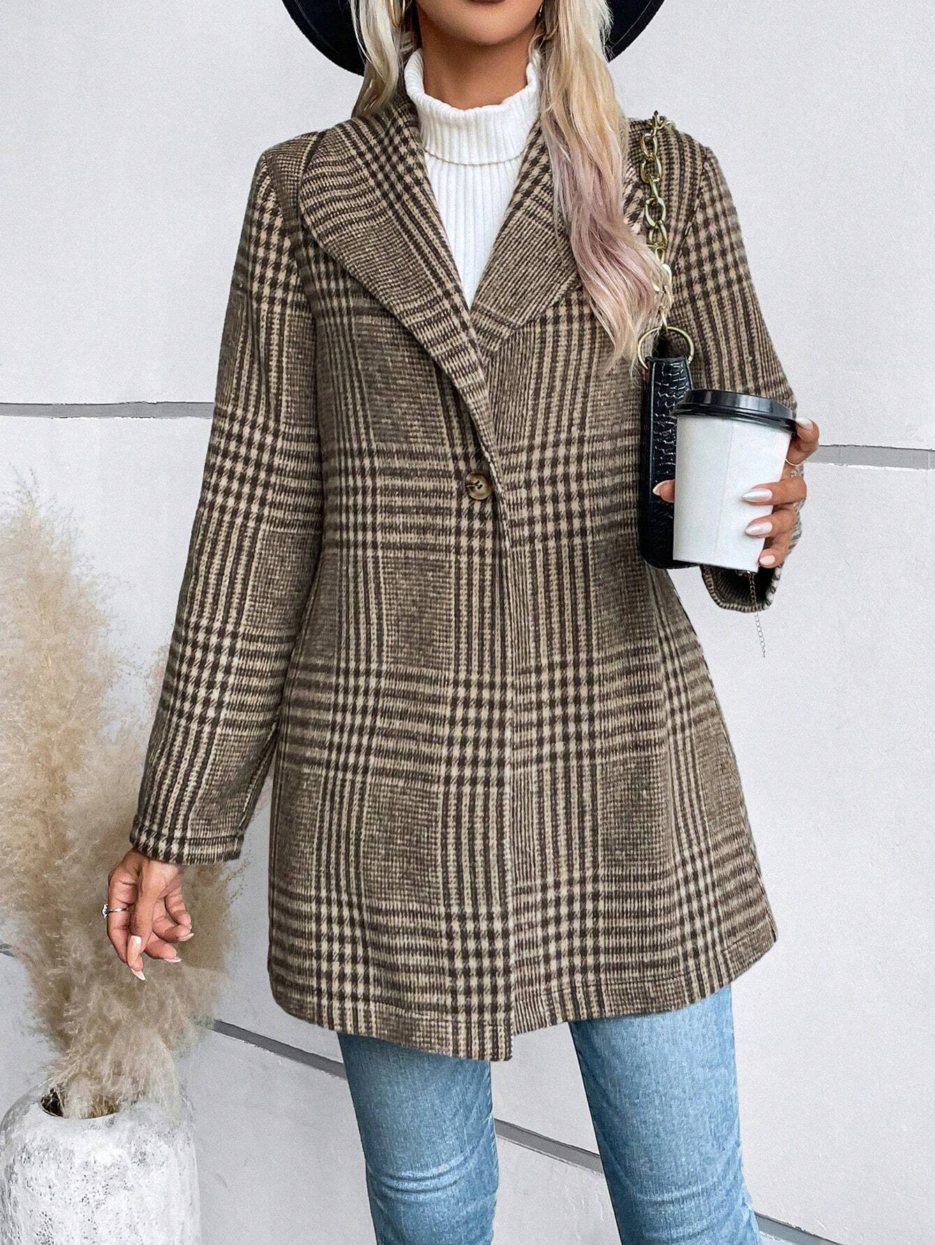 Col Châle Manches Longues Poids lourd Plaid Blouson pour Femmes