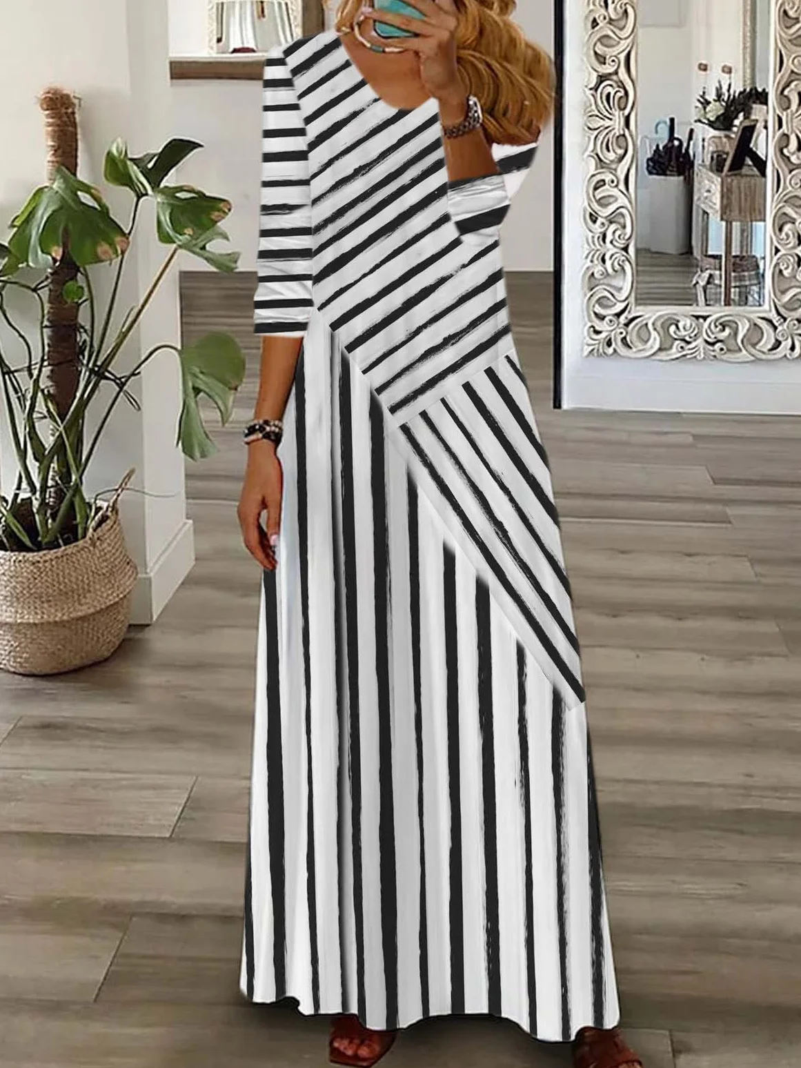 Femmes Rayé Noir Col V Confortable Robe Maxi Décontracté