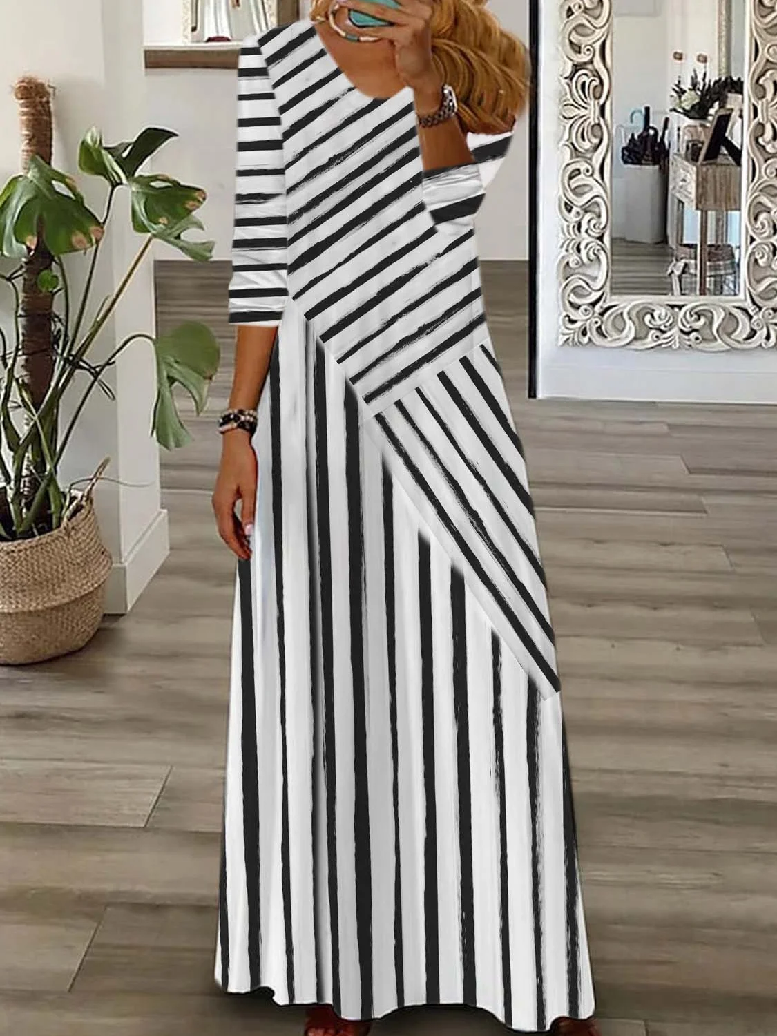 Femmes Rayé Noir Col V Confortable Robe Maxi Décontracté