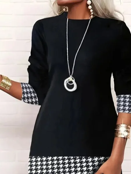 Femmes Pied-de-poule Noir-Blanc Confortable Mini Robe Décontracté