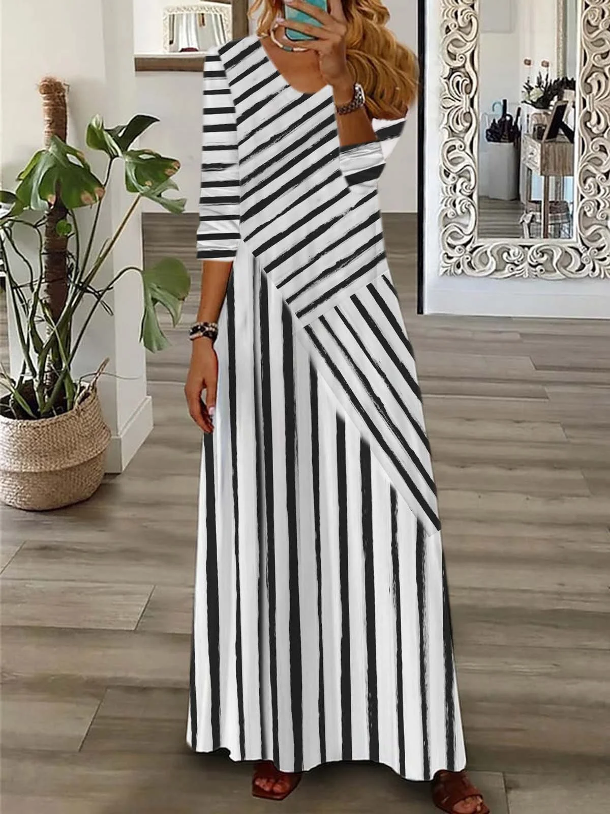 Femmes Rayé Noir Col V Confortable Robe Maxi Décontracté