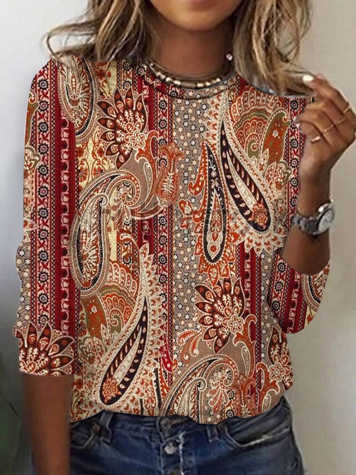 T-shirts Rétro Motif Cachemire Printemps / Automne Imprimé Micro-élasticité Ample Jersey Col Rond Régulier pour Femmes