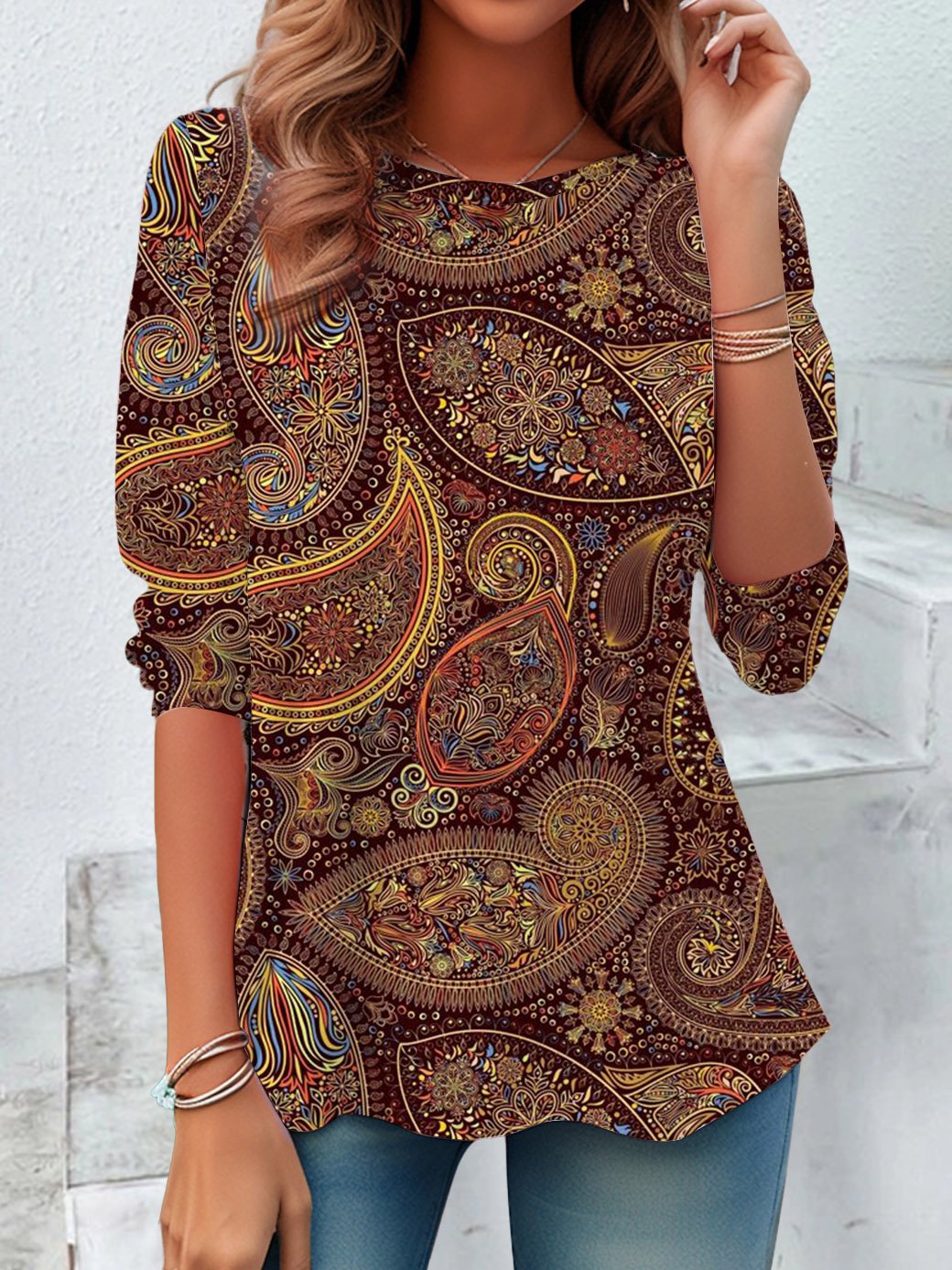 T-shirts Rétro Printemps / Automne anacardier Fleurs Imprimé Quotidien Jersey Manches Longues Col Rond Régulier pour Femmes