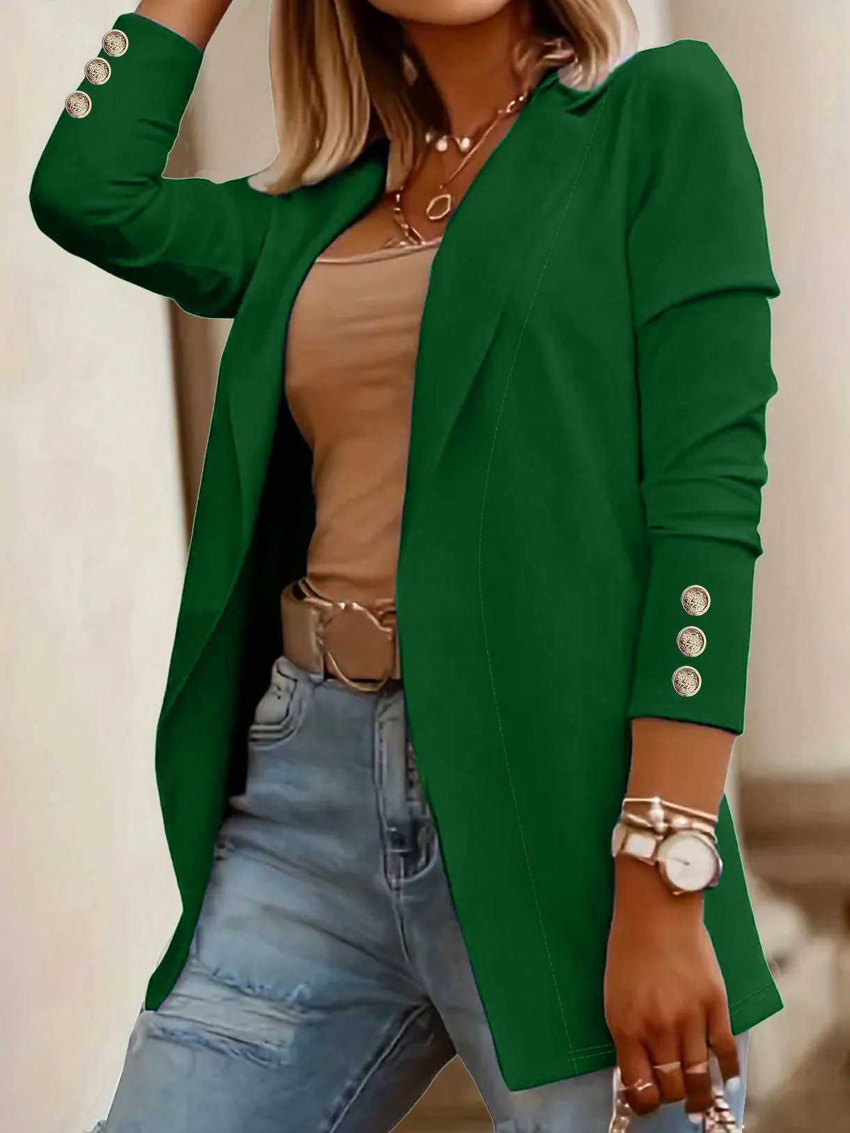 à Col Revers Manches Longues Régulier Plain Blazer Boucle pour Femmes