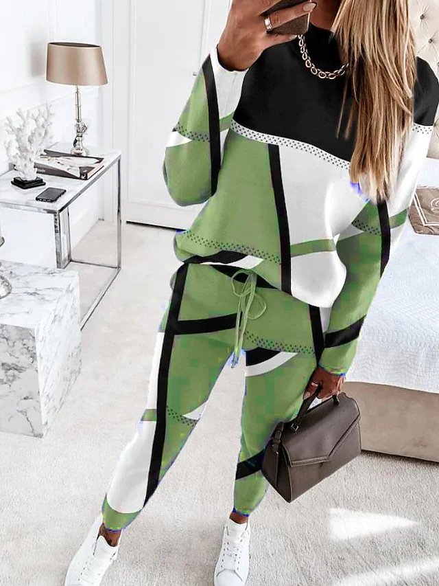 Deux Pièces Ensembles Décontracté Printemps / Automne Contrasté Couture Naturel Aucune élasticité Manches Longues Col Rond Top Avec Pantalons Non pour Femmes