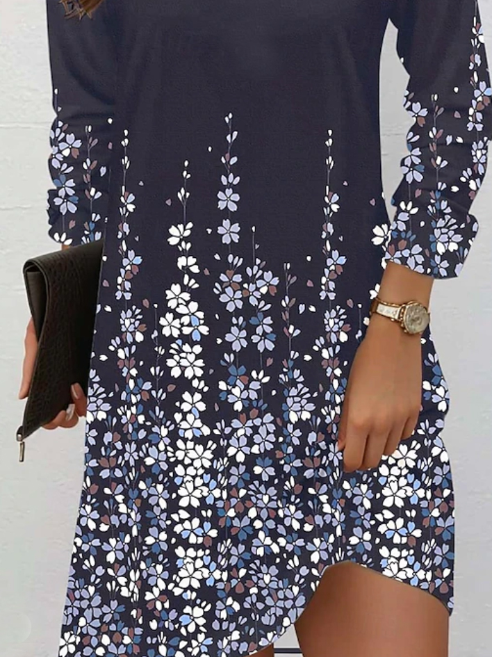 Femmes Floral Bleu Col Rond Confortable Mini Robe Décontracté