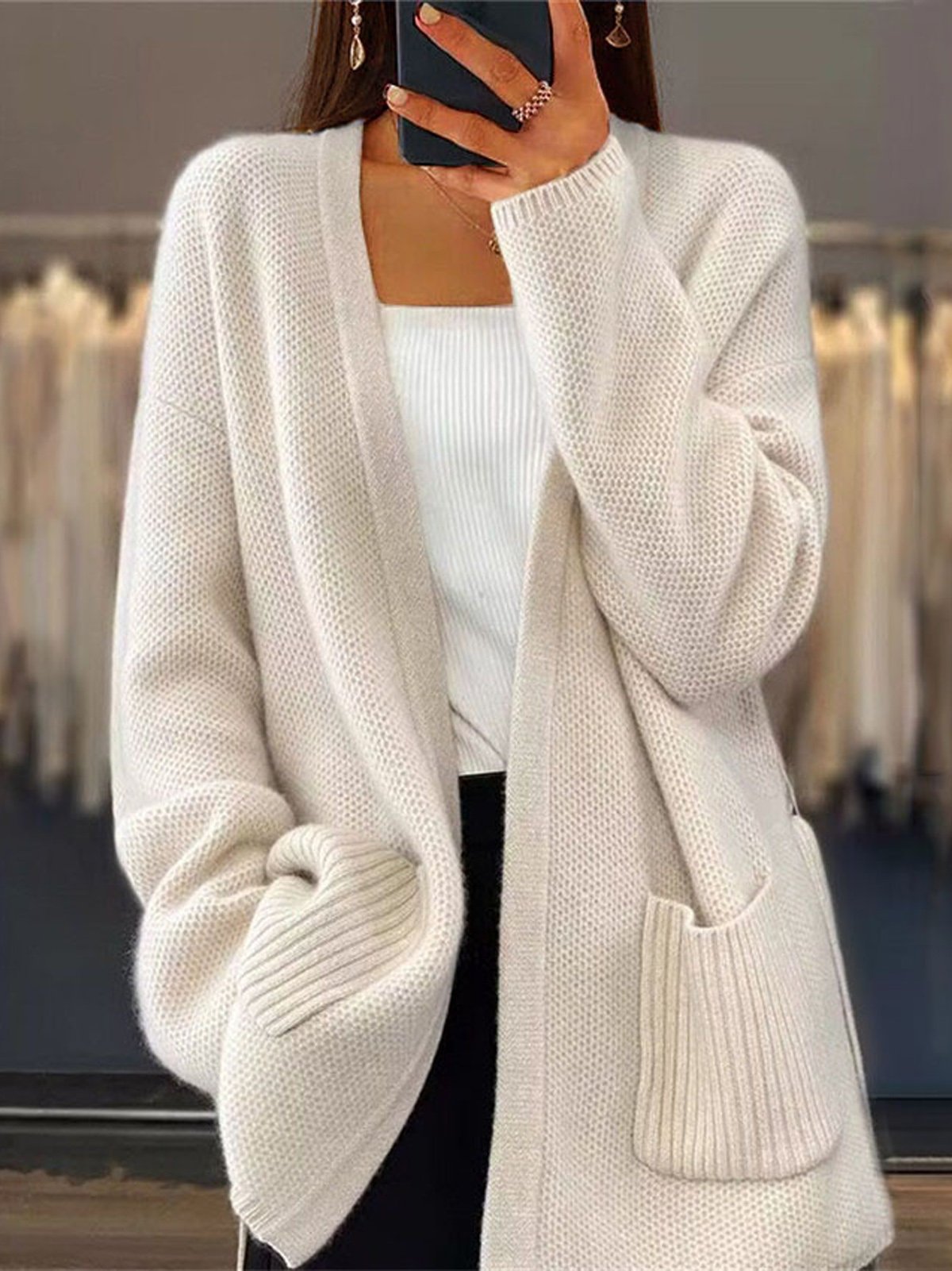 Cardigans Décontracté Plain Hiver Poids lourd Quotidien Ample Manches Longues Régulier Poche Couture pour Femmes