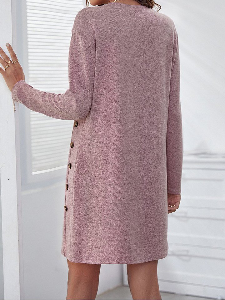 Femmes Plain Rose Col Rond Confortable Boucle Robe Mi-Longue Décontracté