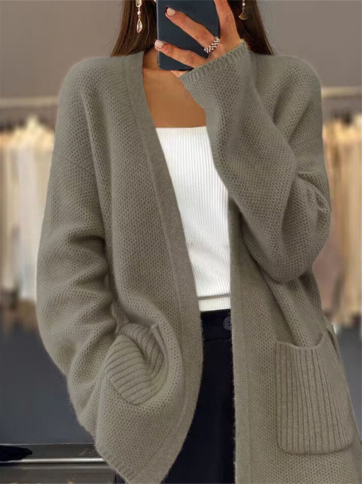 Cardigans Décontracté Plain Hiver Poids lourd Quotidien Ample Manches Longues Régulier Poche Couture pour Femmes