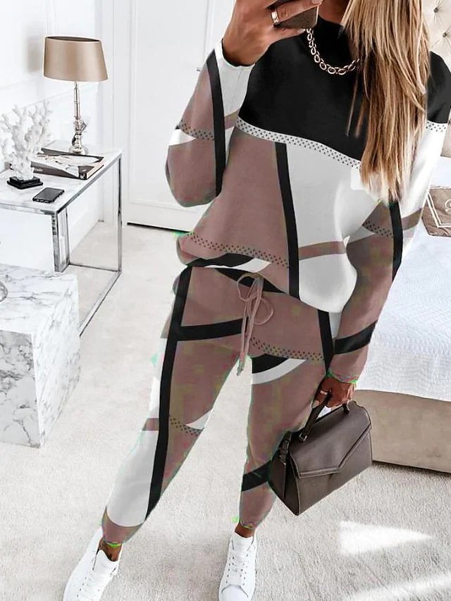 Deux Pièces Ensembles Décontracté Printemps / Automne Contrasté Couture Naturel Aucune élasticité Manches Longues Col Rond Top Avec Pantalons Non pour Femmes