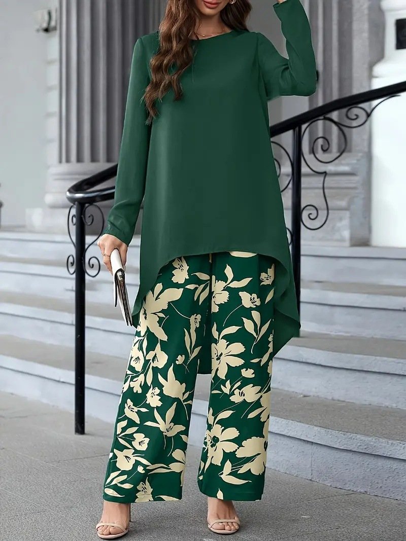 Deux Pièces Ensembles Décontracté Floral Printemps / Automne Polyester Quotidien Ample Col Rond Top Avec Pantalons Régulier pour Femmes