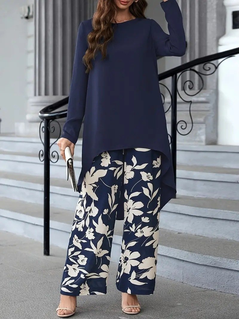 Deux Pièces Ensembles Décontracté Floral Printemps / Automne Polyester Quotidien Ample Col Rond Top Avec Pantalons Régulier pour Femmes