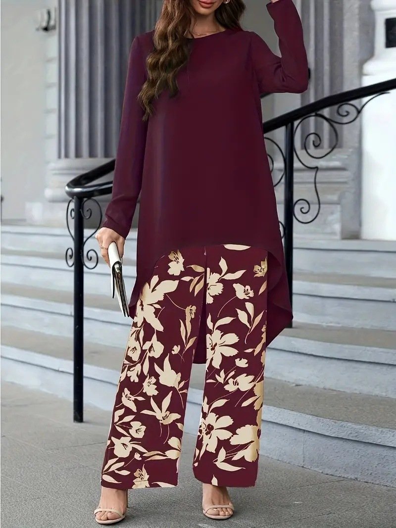 Deux Pièces Ensembles Décontracté Floral Printemps / Automne Polyester Quotidien Ample Col Rond Top Avec Pantalons Régulier pour Femmes