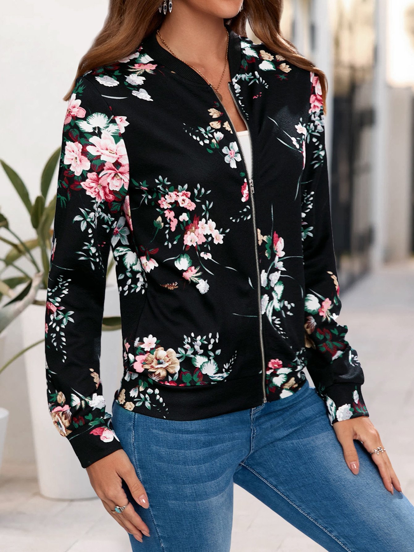 Micro-élasticité Sweat-shirt à Capuche Manches Longues Épaissi Floral Blouson Zip pour Femmes