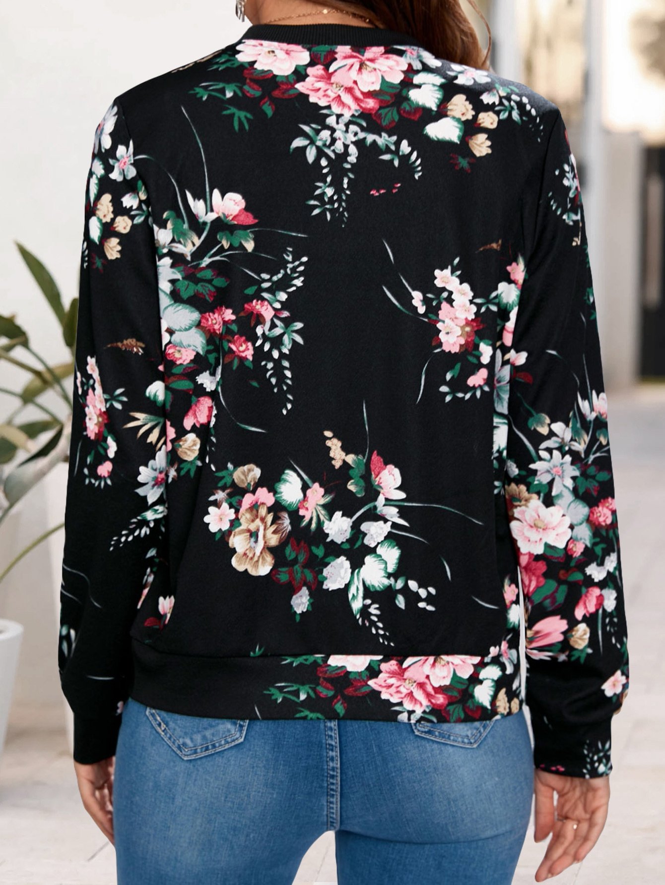 Micro-élasticité Sweat-shirt à Capuche Manches Longues Épaissi Floral Blouson Zip pour Femmes