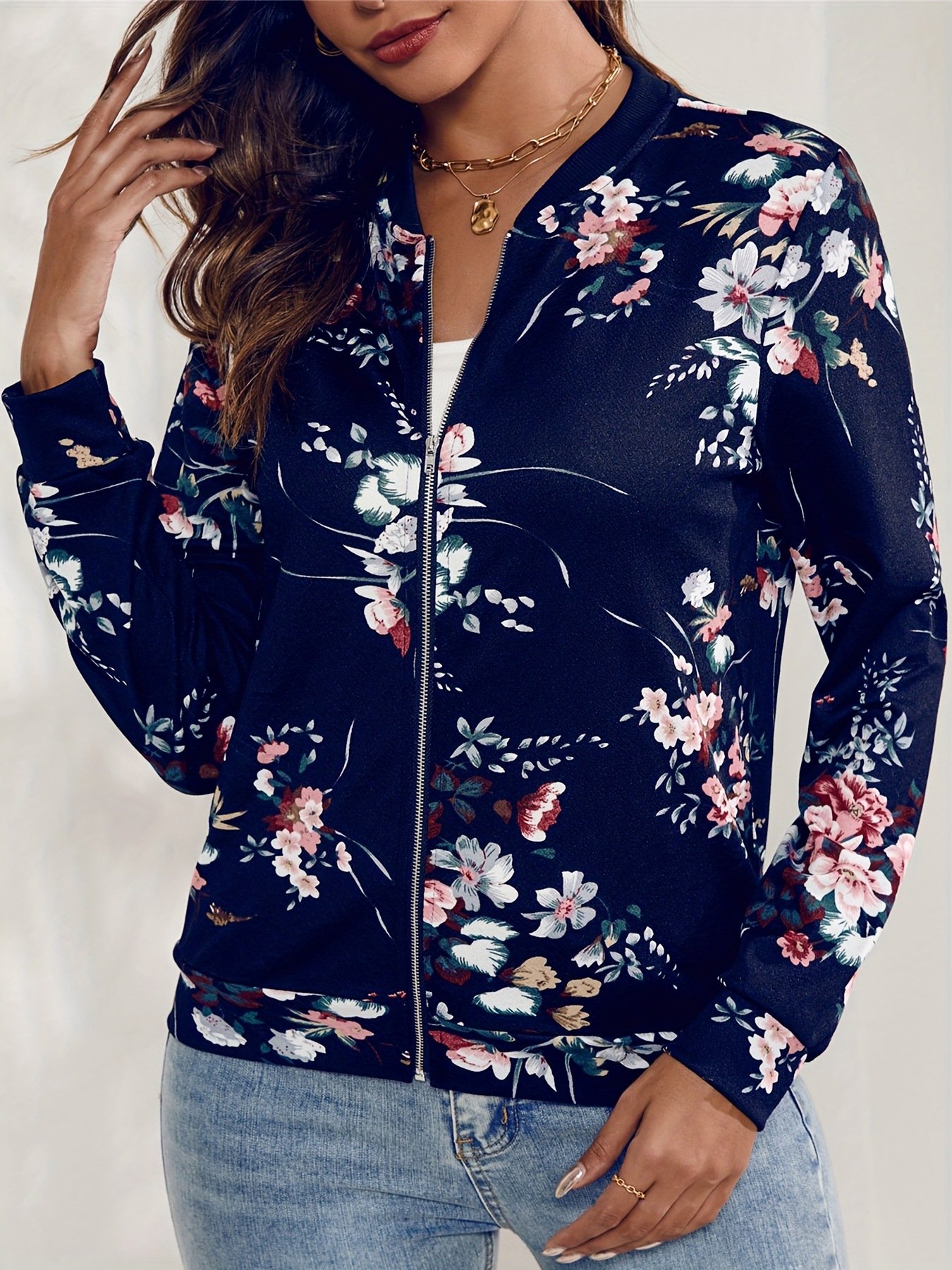 Micro-élasticité Sweat-shirt à Capuche Manches Longues Épaissi Floral Blouson Zip pour Femmes