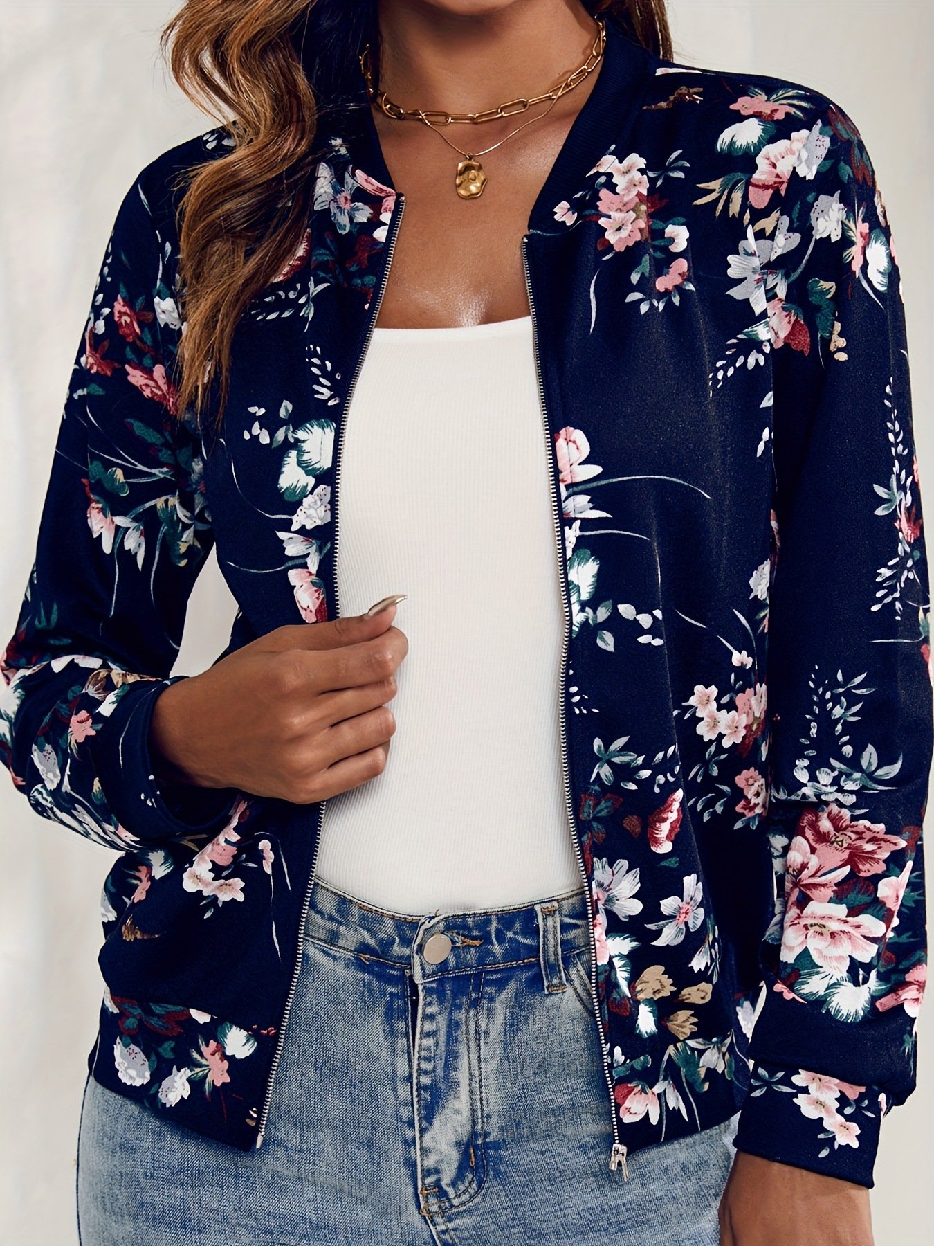 Micro-élasticité Sweat-shirt à Capuche Manches Longues Épaissi Floral Blouson Zip pour Femmes