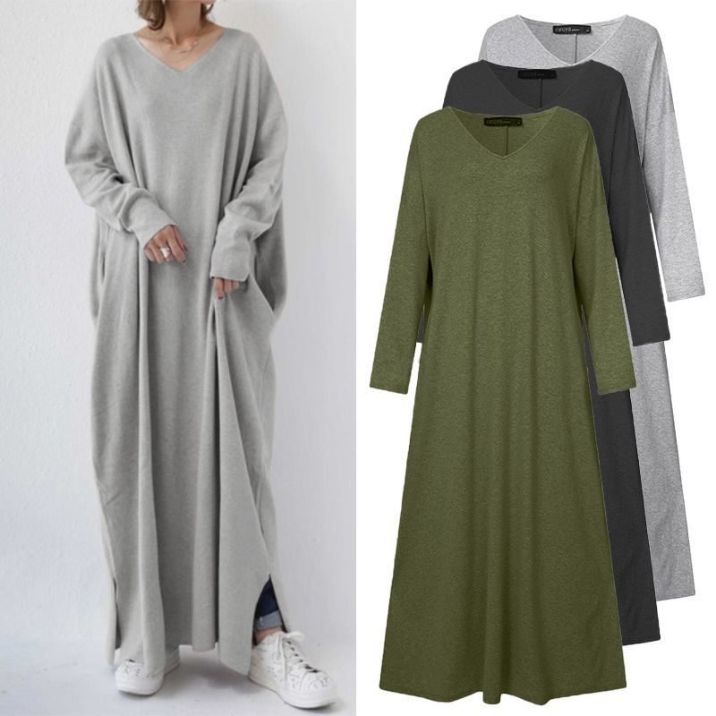 Femmes Plain Gris Clair Col V Confortable Dentelle Robe Maxi Décontracté