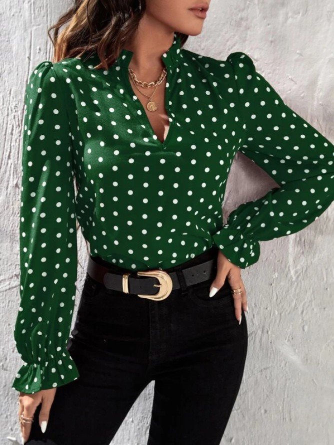 Chemisiers1 Pois Polka Décontracté Printemps / Automne Polyester Aucune élasticité Ample Manches Longues Mi-long Droit pour Femmes