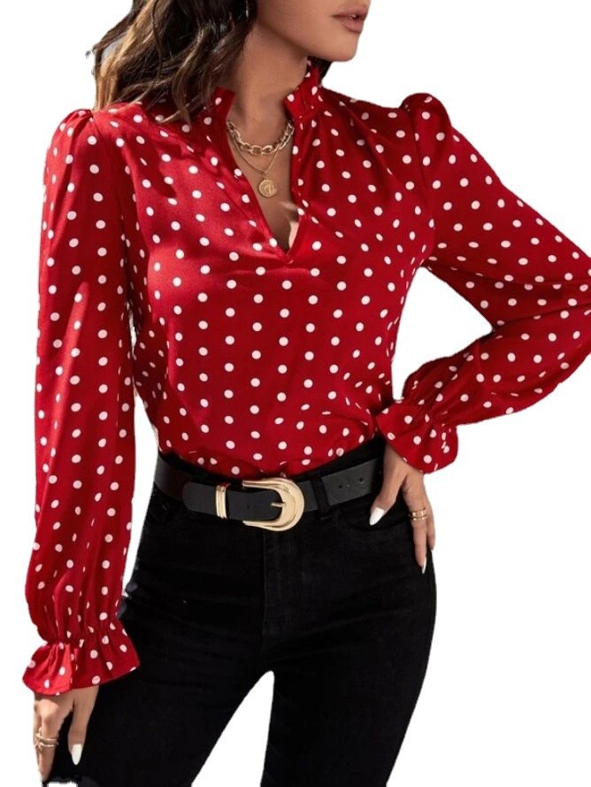 Chemisiers1 Pois Polka Décontracté Printemps / Automne Polyester Aucune élasticité Ample Manches Longues Mi-long Droit pour Femmes