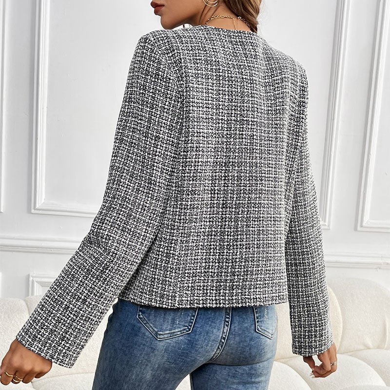 Col Rond Manches Longues Régulier Plaid Blouson Aviateur Blouson Boucle pour Femmes