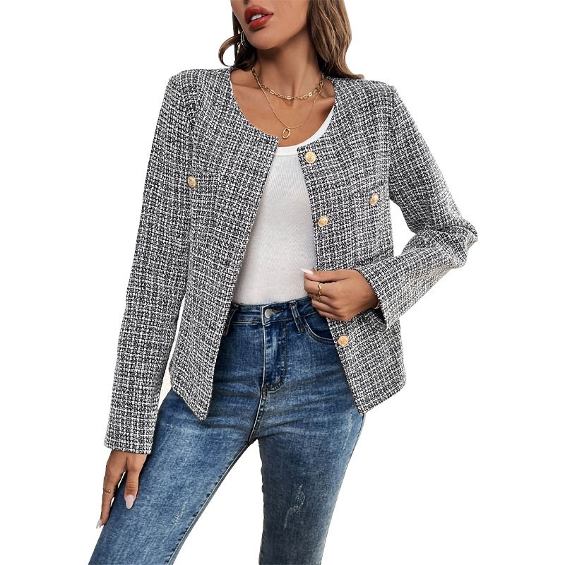 Col Rond Manches Longues Régulier Plaid Blouson Aviateur Blouson Boucle pour Femmes