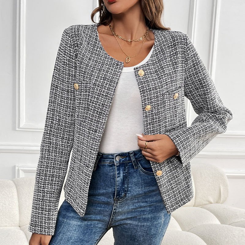 Col Rond Manches Longues Régulier Plaid Blouson Aviateur Blouson Boucle pour Femmes