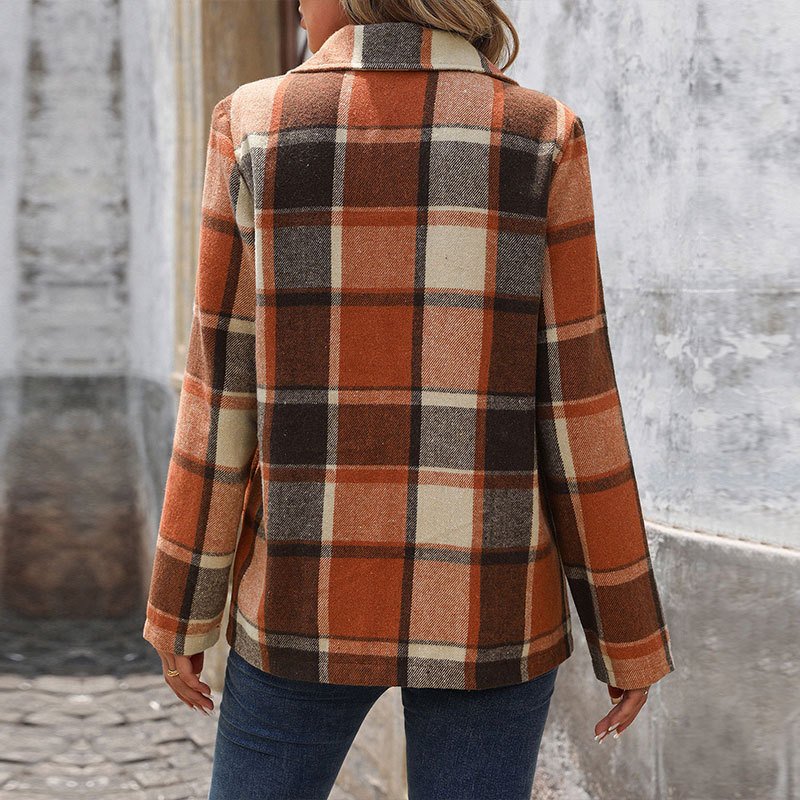 à Col Revers Manches Longues Régulier Plaid Blazer pour Femmes