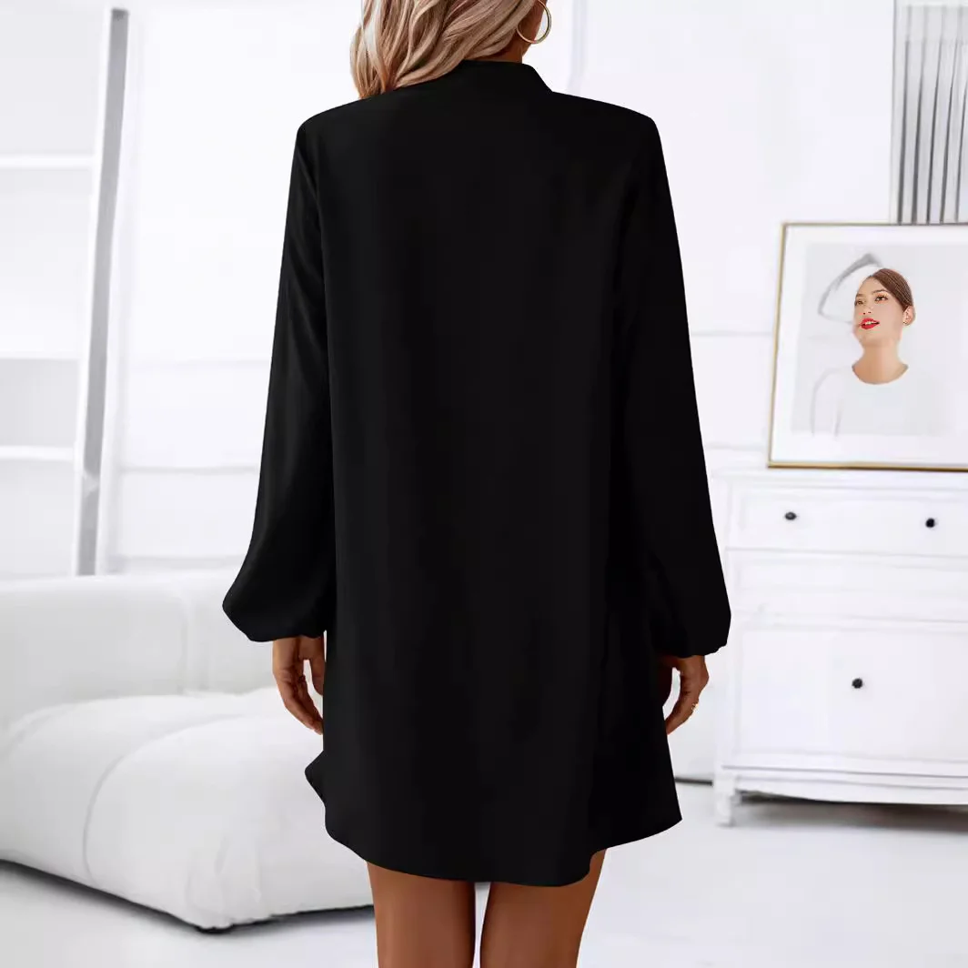 Femmes Plain Noir Col V Confortable Boucle Robe de Longueur Au Genou Décontracté