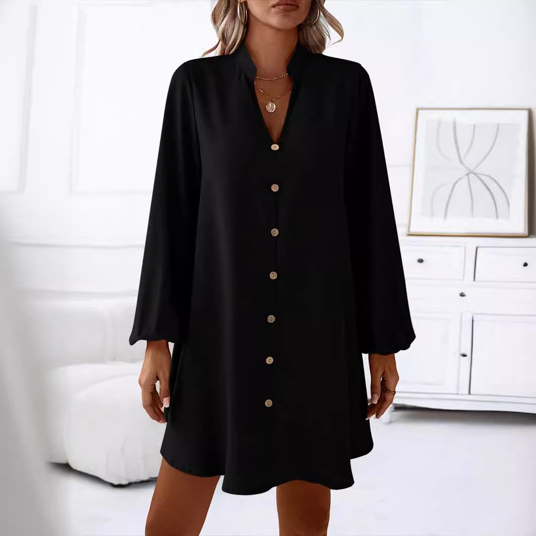 Femmes Plain Noir Col V Confortable Boucle Robe de Longueur Au Genou Décontracté