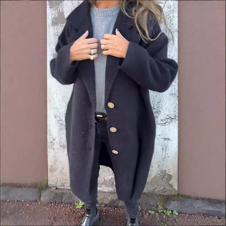Élasticité moyenne à Col Revers Manches Longues Régulier Plain Manteau pour Femmes