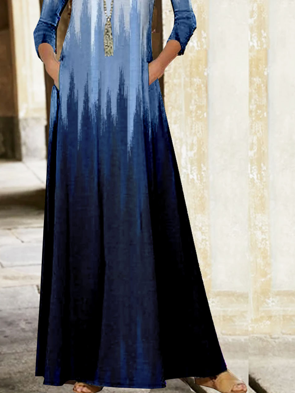 Femmes Ombre Bleu Col Rond Confortable Poche Couture Robe Maxi Décontracté