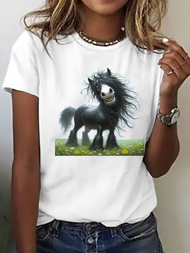 T-shirts Femmes Décontracté cheval Été Coton Quotidien Ample Régulier Élasticité moyenne Oui