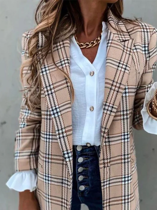 à Col Revers Manches Longues Régulier Plaid Blazer pour Femmes