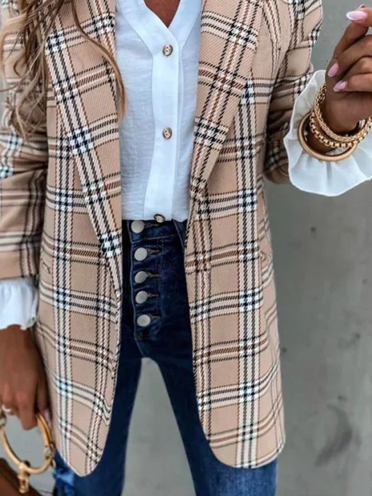 à Col Revers Manches Longues Régulier Plaid Blazer pour Femmes